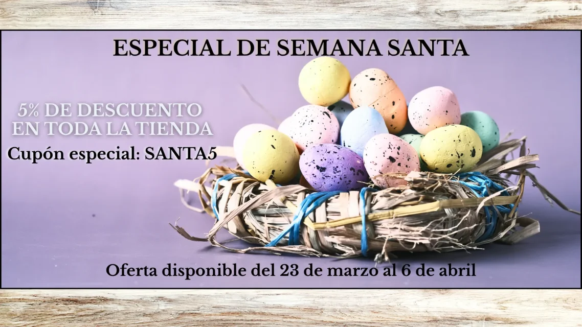 SEMANA SANTA OFERTA ESPECIAL Huevos de Pascua de colores en un nido, anuncio de Semana Santa con información especial.