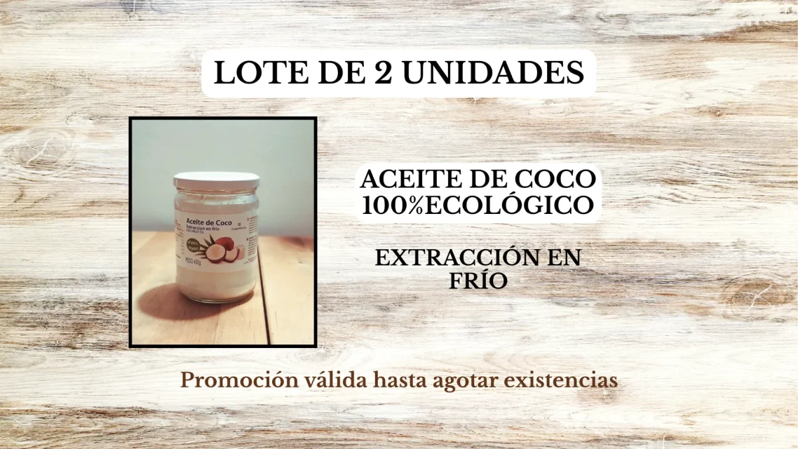 ACEITE DE COCO DE 400G CADA BOTE Lote de 2 unidades de aceite de coco bio, extracción en frío. Promoción válida hasta agotar existencias.