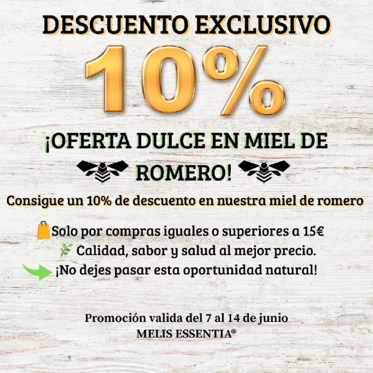 Descuento del 10% en miel de romero Km0, válida del 7 al 14 de junio. Descuento limitado.